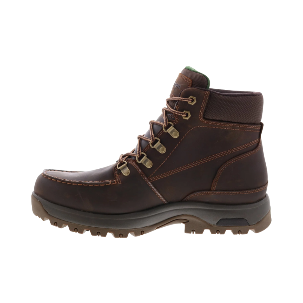 Dunham Men’s 8000 Works Moc Plain Toe Boot in Brown featuring a rugged moc toe silhouette, seam-sealed waterproof construction, RBar Stability System, nylon shank, padded collar and tongue, removable cushioned footbed, and oil- and slip-resistant rubber outsole built for dependable support, stability, and long-lasting jobsite performance.
