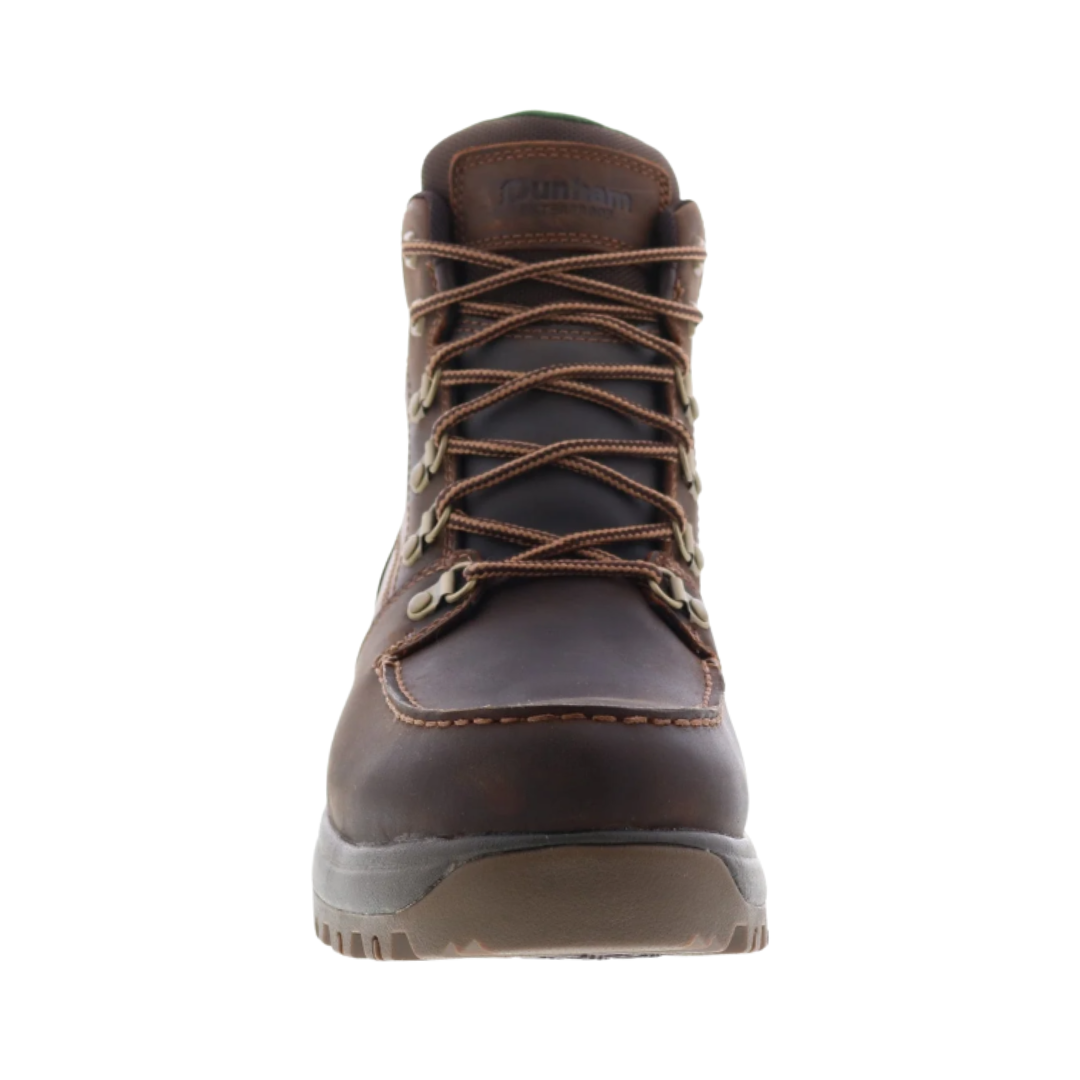 Front view of the Dunham Men’s 8000 Works Moc Plain Toe Boot in Brown showcasing the classic moc toe design, durable leather upper, secure lace-up closure, padded gusseted tongue, roomy toe area, and rugged work boot construction designed for lasting comfort and natural toe movement.