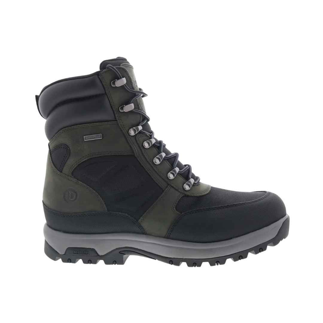 Dunham Men’s 8000 Works Waterproof 8" Ubal Boot in Black/Castlerock featuring a waterproof leather and mesh upper, 8-inch shaft height, seam-sealed construction, R-Bar® Stability System with nylon shank, removable EVA and memory foam footbed, shock-absorbing EVA midsole, and slip-resistant rubber outsole built for demanding work environments and all-day support.
