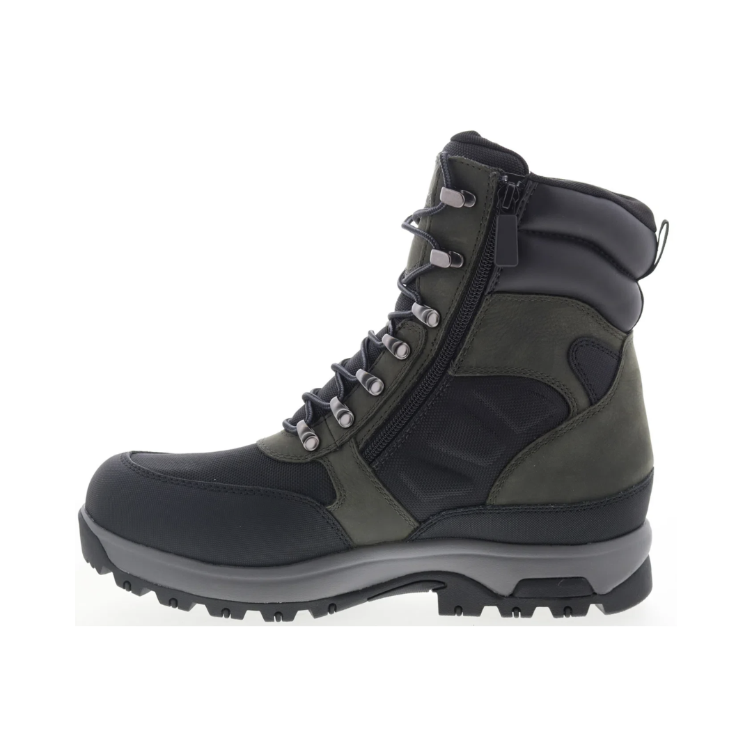 Dunham Men’s 8000 Works Waterproof 8" Ubal Boot in Black/Castlerock featuring a waterproof leather and mesh upper, 8-inch shaft height, seam-sealed construction, R-Bar® Stability System with nylon shank, removable EVA and memory foam footbed, shock-absorbing EVA midsole, and slip-resistant rubber outsole built for demanding work environments and all-day support.