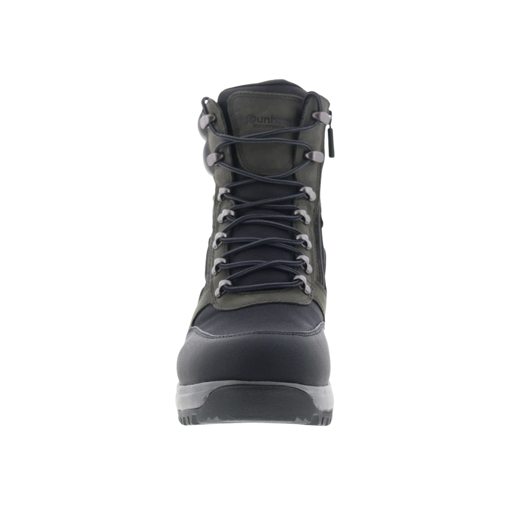 Front view of the Dunham Men’s 8000 Works Waterproof 8" Ubal Boot in Black/Castlerock showcasing the durable waterproof upper, secure lace-up closure, gusseted tongue, roomy toe area, and rugged 8-inch work boot design engineered for protection, stability, and long-lasting comfort.