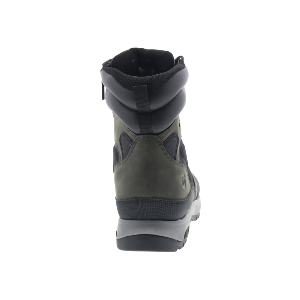 Back heel view of the Dunham Men’s 8000 Works Waterproof 8" Ubal Boot in Black/Castlerock highlighting the supportive 8-inch shaft, padded collar, reinforced heel construction, R-Bar® Stability System, nylon shank, and durable rubber outsole designed to improve rearfoot stability, reduce fatigue, and provide dependable support during demanding workdays.