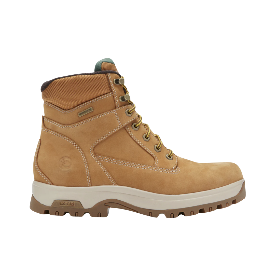 Dunham Men’s 8000 Works Waterproof 6" Plain Toe Boot in Wheat Nubuck featuring a waterproof nubuck leather upper, 6-inch work boot silhouette, plain toe design, seam-sealed construction, R-Bar® Stability System with nylon shank, lightweight EVA midsole, removable EVA and memory foam footbed, and durable rubber outsole built for dependable comfort, support, and jobsite performance.
