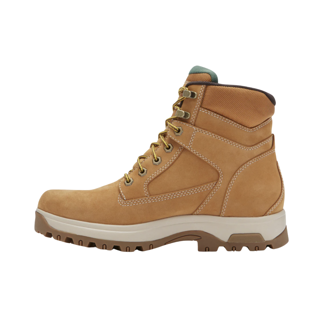 Dunham Men’s 8000 Works Waterproof 6" Plain Toe Boot in Wheat Nubuck featuring a waterproof nubuck leather upper, 6-inch work boot silhouette, plain toe design, seam-sealed construction, R-Bar® Stability System with nylon shank, lightweight EVA midsole, removable EVA and memory foam footbed, and durable rubber outsole built for dependable comfort, support, and jobsite performance.