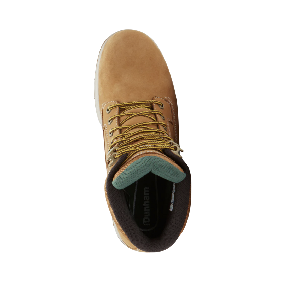 Top view of the Dunham Men’s 8000 Works Waterproof 6" Plain Toe Boot in Wheat Nubuck displaying the waterproof nubuck leather upper, secure lace-up system, padded collar, gusseted tongue, removable EVA and memory foam footbed, and orthotic-friendly design engineered to provide cushioning, moisture protection, and all-day comfort.