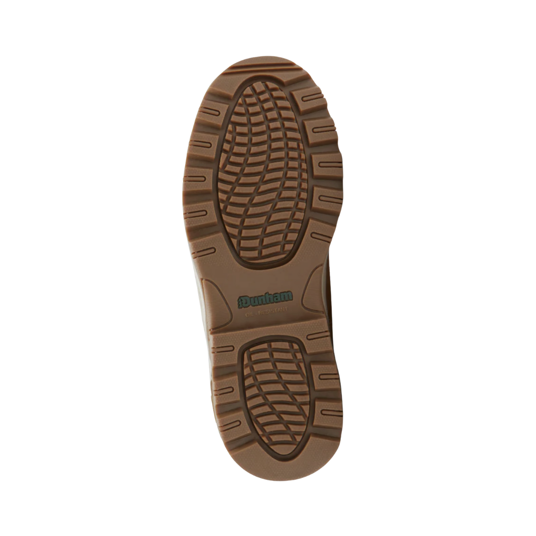 Bottom outsole view of the Dunham Men’s 8000 Works Waterproof 6" Plain Toe Boot in Wheat Nubuck featuring the slip-resistant rubber outsole engineered to provide dependable traction on oily, wet, and uneven surfaces while the lightweight EVA midsole, R-Bar® Stability System, and removable cushioned footbed help provide comfort for conditions such as plantar fasciitis, heel pain, flat feet, overpronation, bunions, arthritis, joint pain, metatarsalgia, forefoot pain, diabetic-sensitive feet, and general foot 