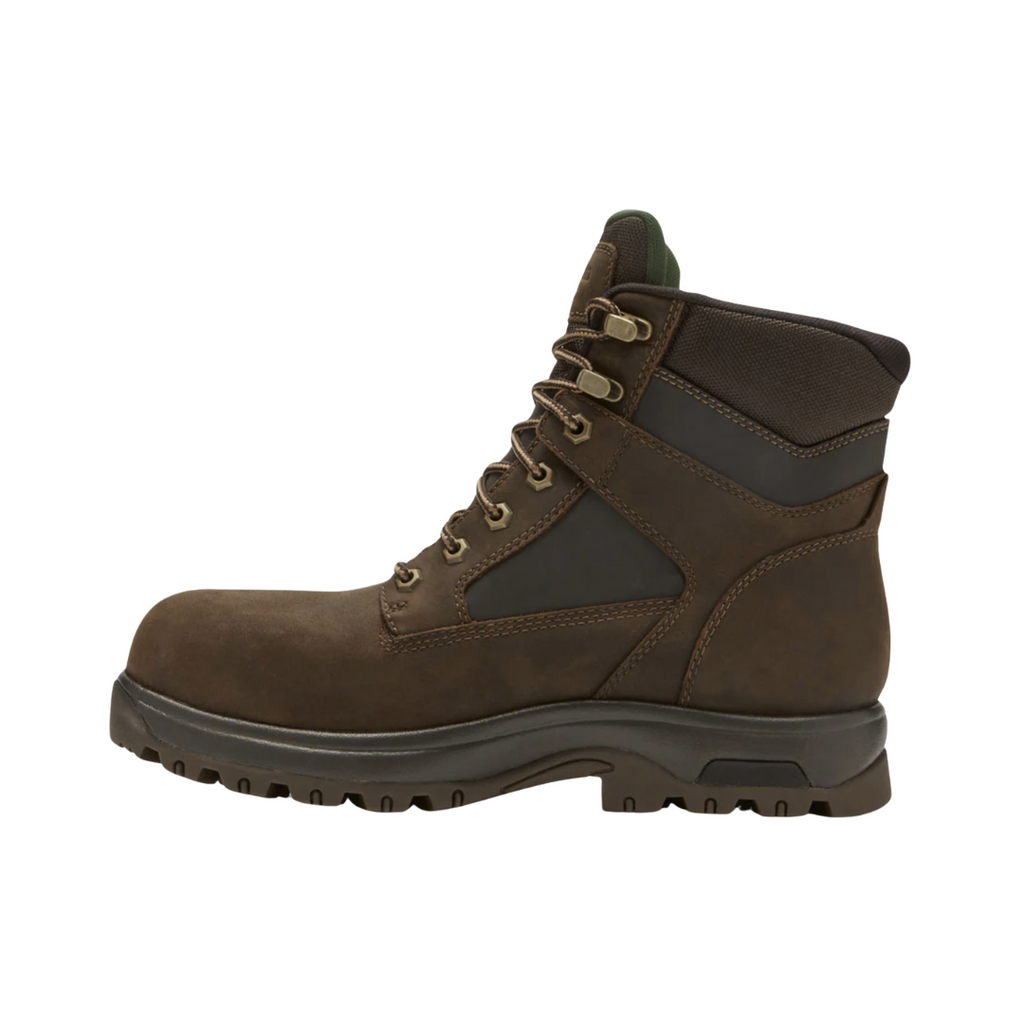 Dunham Men’s 8000 Works Waterproof Safety Plain Toe Boot in Brown featuring a waterproof full-grain leather upper, plain toe work boot silhouette, seam-sealed construction, R-Bar® Stability System with nylon shank, removable EVA and memory foam footbed, shock-absorbing EVA midsole, and slip-resistant rubber outsole built for demanding jobsite performance and all-day comfort.