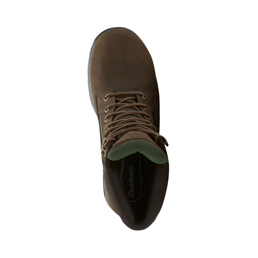 Top view of the Dunham Men’s 8000 Works Waterproof Safety Plain Toe Boot in Brown displaying the waterproof full-grain leather upper, secure lace-up system, padded collar and tongue, removable EVA and memory foam footbed, and orthotic-friendly construction designed to provide cushioning, moisture protection, and lasting support.