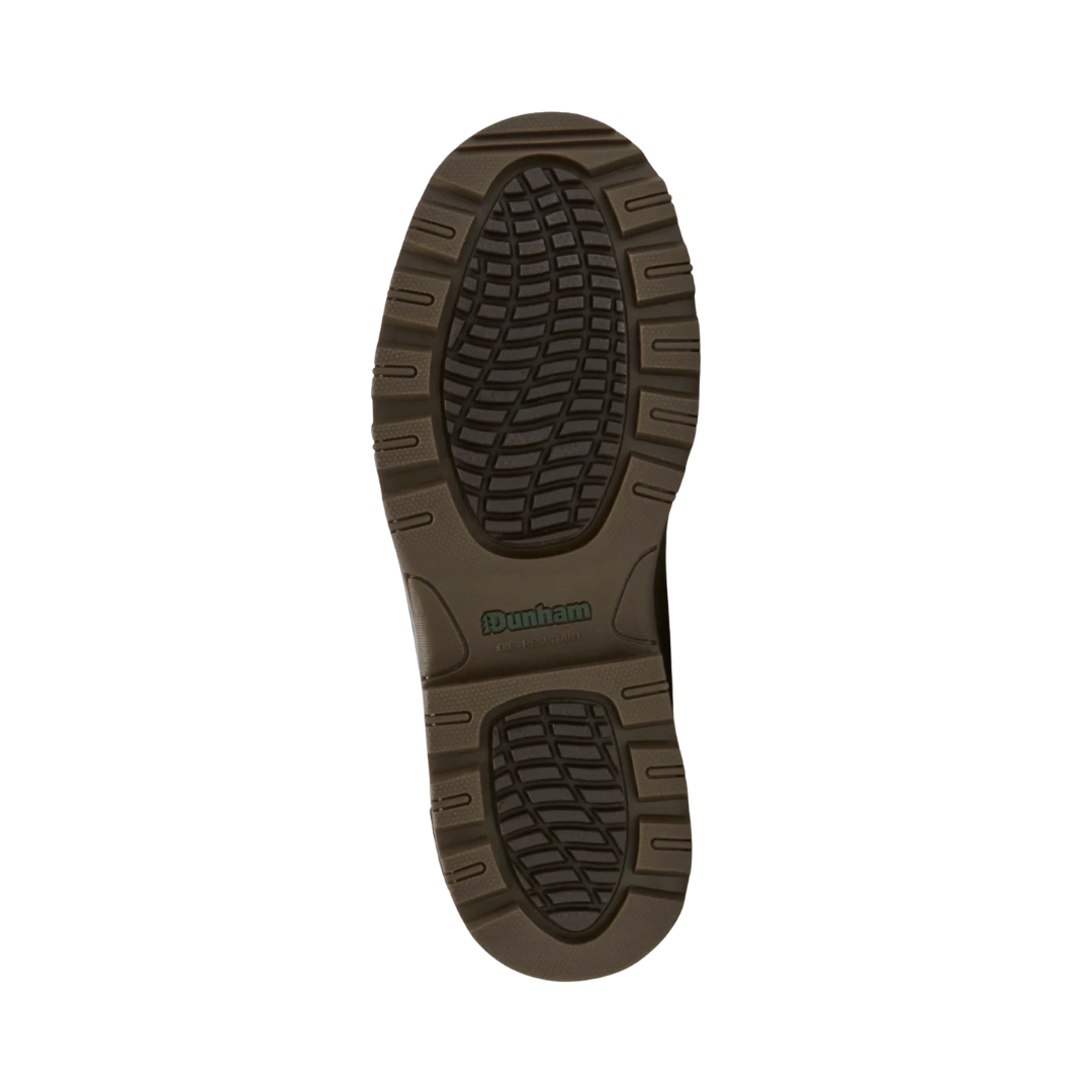 Bottom outsole view of the Dunham Men’s 8000 Works Waterproof Safety Plain Toe Boot in Brown featuring the slip-resistant rubber outsole engineered to provide dependable traction on wet, oily, and uneven surfaces while the shock-absorbing EVA midsole, R-Bar® Stability System, and cushioned footbed help provide comfort for conditions such as plantar fasciitis, heel pain, flat feet, overpronation, bunions, arthritis, joint pain, diabetic-sensitive feet, and general foot fatigue.