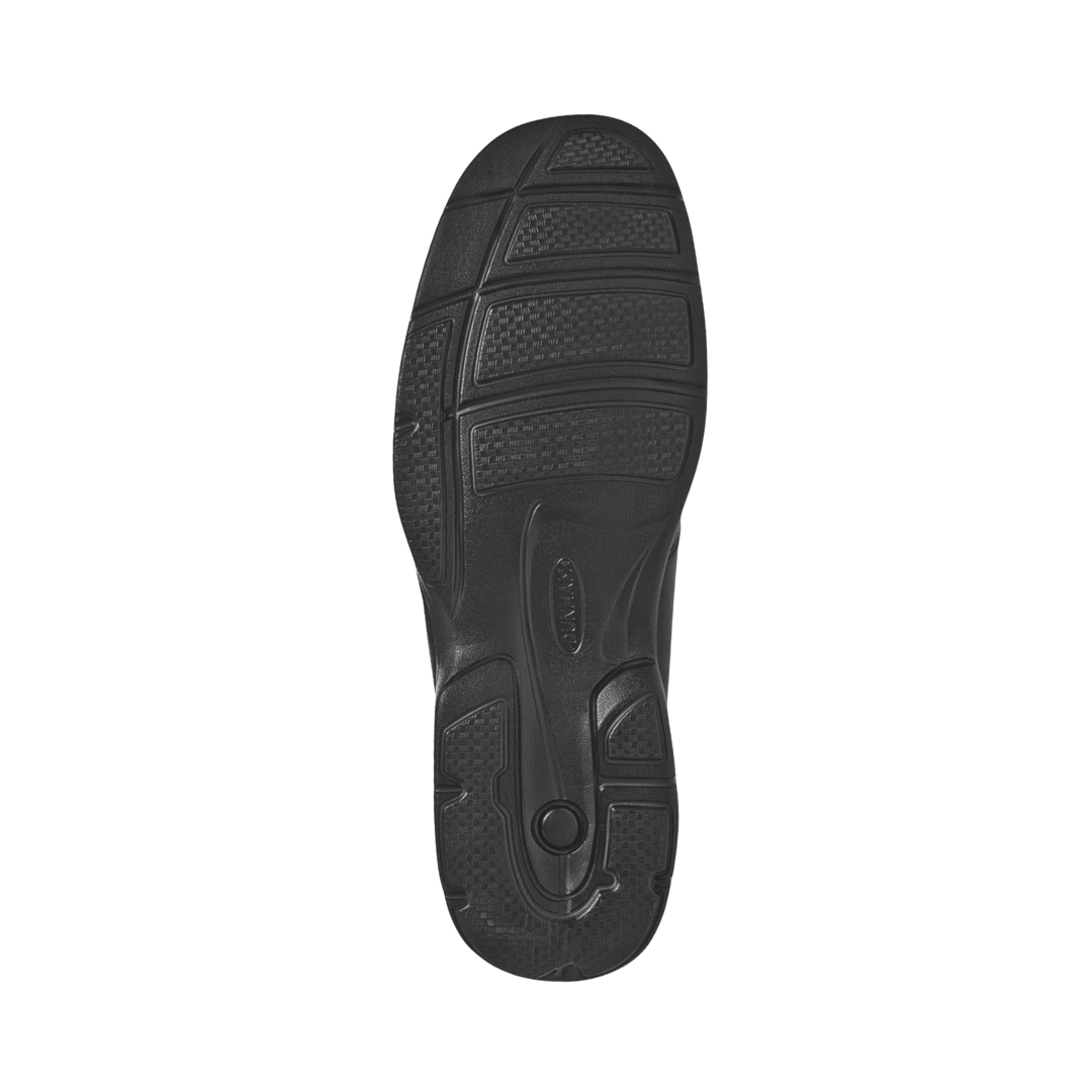 Bottom outsole view of the Dunham Men’s Bryce Oxford in Brown featuring the lightweight non-marking rubber outsole engineered to provide flexible traction and reliable grip for everyday walking while the Stability R-Bar® technology, nylon shank, EVA midsole, and cushioned footbed help provide comfort for conditions such as plantar fasciitis, heel pain, flat feet, overpronation, arthritis, joint pain, bunions, diabetic-sensitive feet, and general foot fatigue.