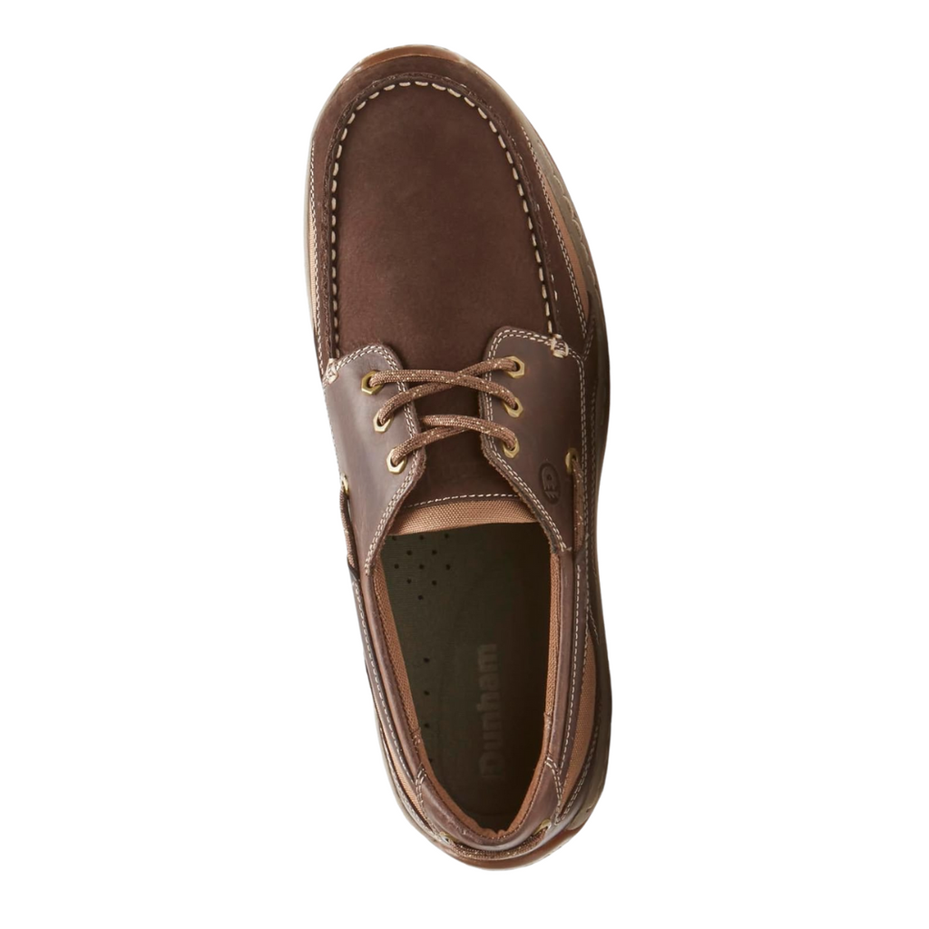 Top view of the Dunham Men’s Captain Boat Shoe in Java, showing the adjustable lacing system, removable EVA and memory foam footbed, and cushioned interior for orthotic-friendly comfort.