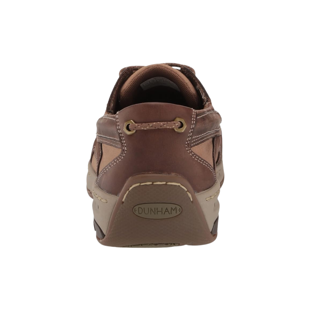 Heel view of the Dunham Men’s Captain Boat Shoe in Java, highlighting the R-Bar® stability technology and supportive heel structure designed to improve rearfoot control and balance.