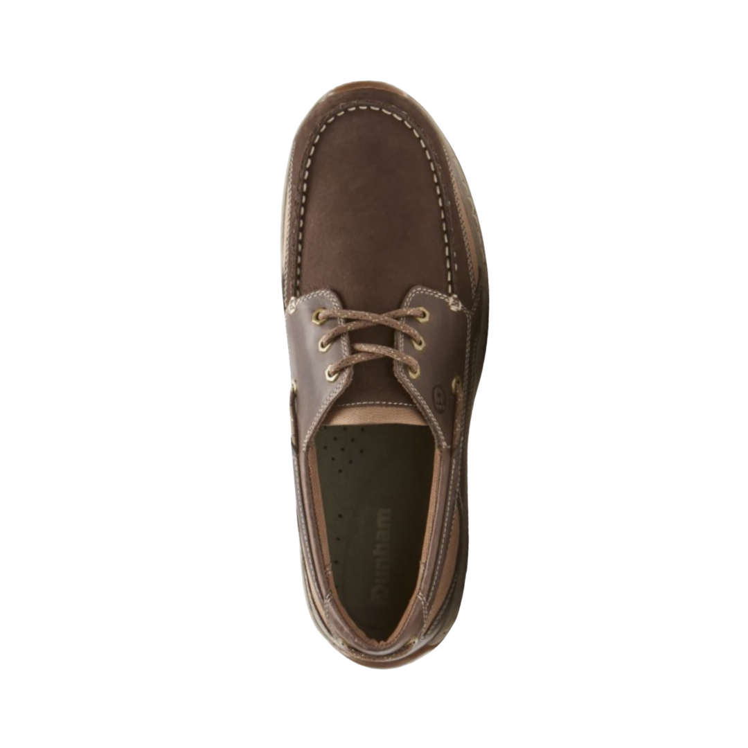 Top view of the Dunham Men’s Captain Boat Shoe in Java displaying the full-grain leather upper, adjustable lacing system, removable EVA and memory foam footbed, supportive interior construction, and water-resistant design engineered to provide cushioning, stability, and a personalized fit.
