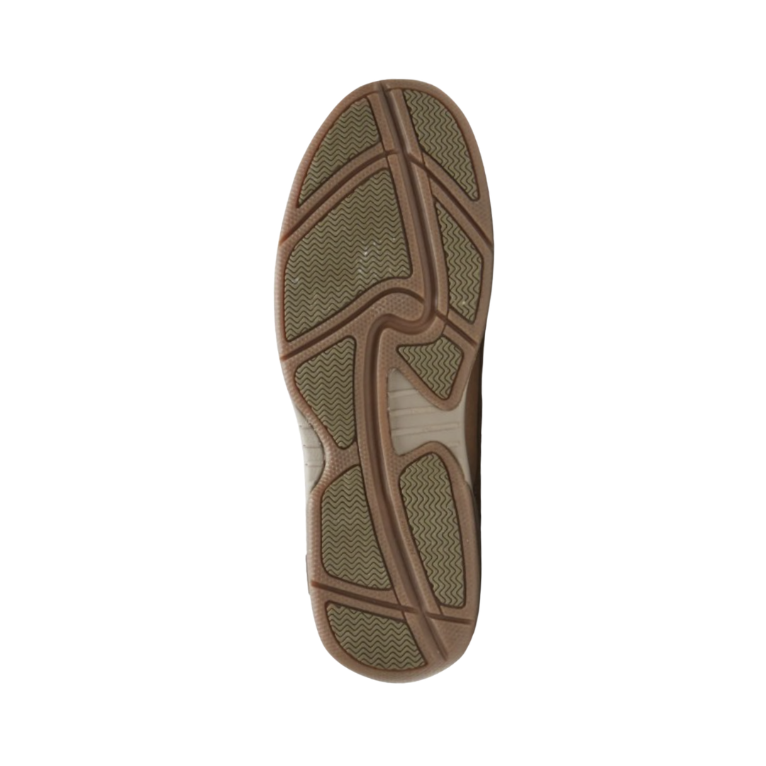 Bottom outsole view of the Dunham Men’s Captain Boat Shoe in Java featuring the non-marking, slip-resistant rubber outsole with siped tread engineered to provide reliable traction on wet and dry surfaces while the R-Bar® Stability Technology, nylon shank, EVA midsole, and cushioned footbed help provide comfort for conditions such as plantar fasciitis, flat feet, overpronation, bunions, metatarsalgia, forefoot pain, arthritis, joint pain, and diabetic-sensitive feet.
