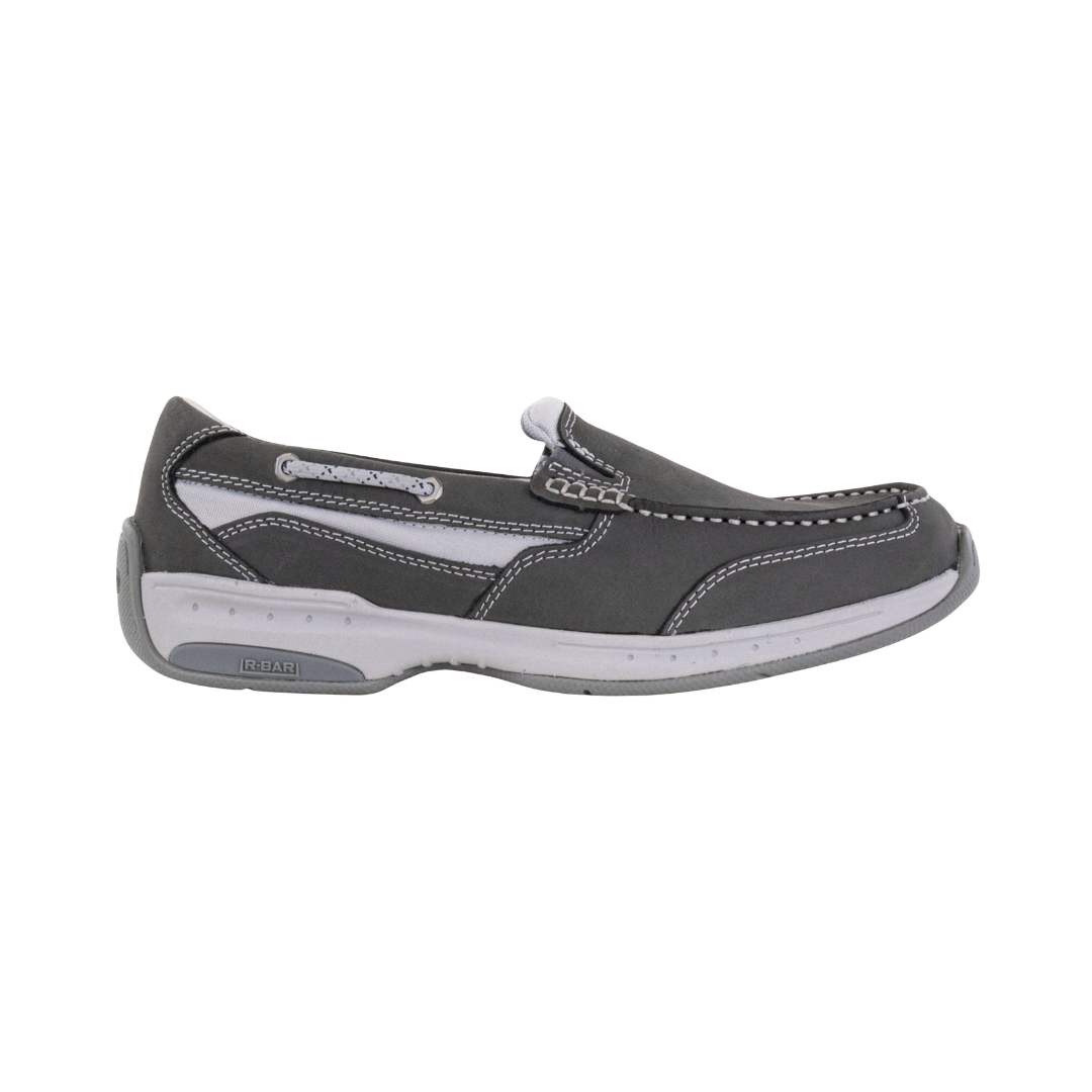 Dunham Men’s Captain Venetian Boat Shoe in Grey featuring a premium full-grain leather upper, hand-sewn moc-toe construction, water-resistant treatment, hidden stretch gore panels, removable EVA and memory foam footbed, R-Bar® Stability with nylon shank, lightweight EVA midsole, and slip-resistant rubber outsole designed for all-day comfort and dependable stability.