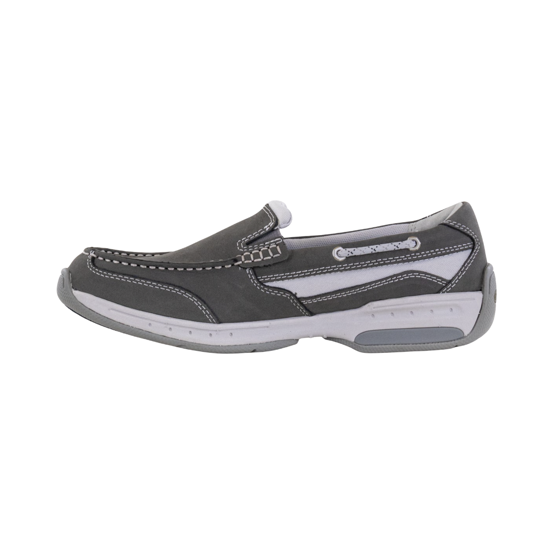 Dunham Men’s Captain Venetian Boat Shoe in Grey featuring a premium full-grain leather upper, hand-sewn moc-toe construction, water-resistant treatment, hidden stretch gore panels, removable EVA and memory foam footbed, R-Bar® Stability with nylon shank, lightweight EVA midsole, and slip-resistant rubber outsole designed for all-day comfort and dependable stability.