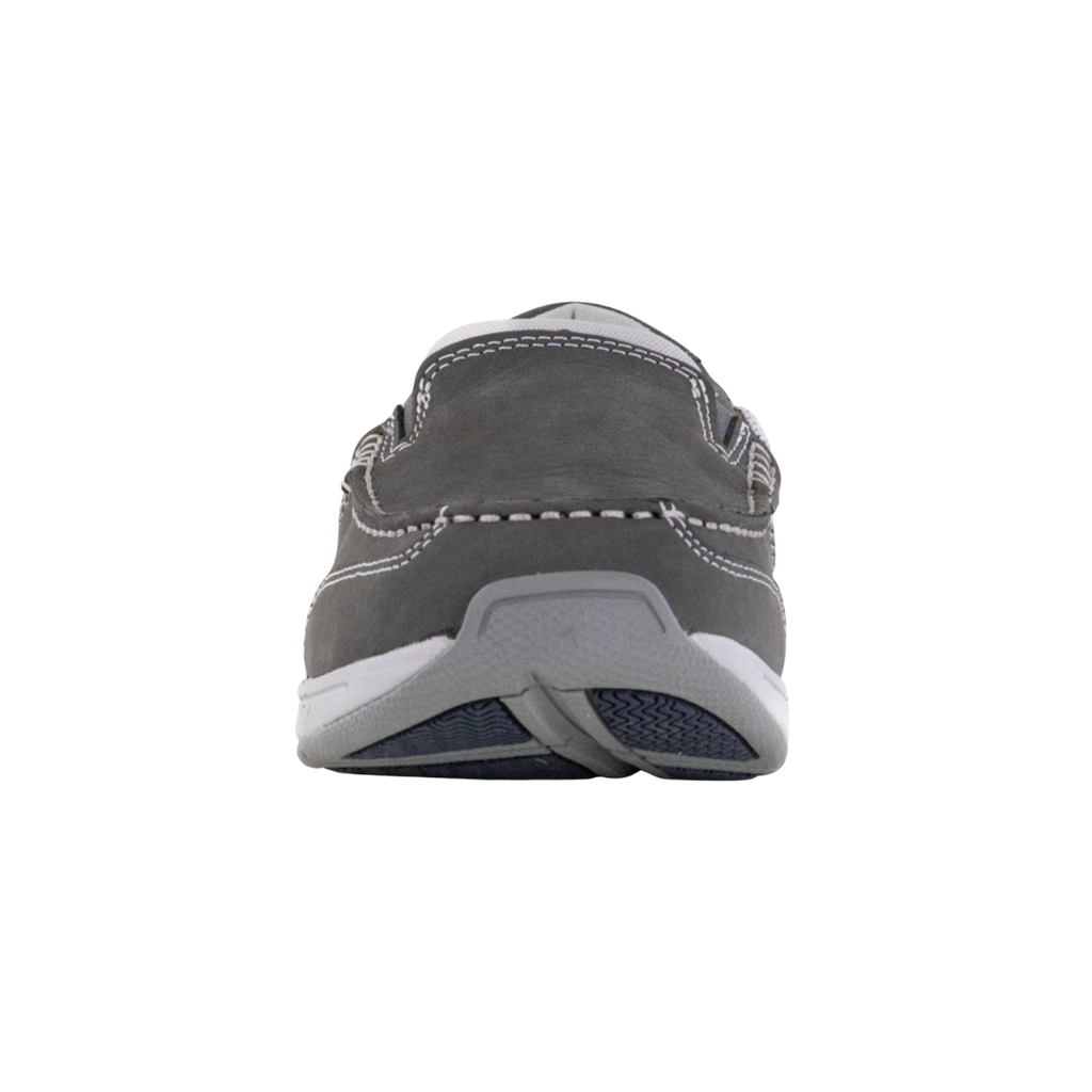 Front view of the Dunham Men’s Captain Venetian Boat Shoe in Grey showcasing the hand-sewn moc-toe design, premium full-grain leather upper, roomy forefoot, and clean boat shoe styling designed to provide a comfortable fit for everyday wear and weekends on the water.