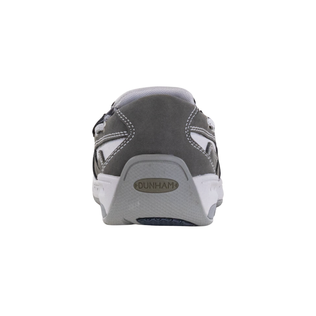 Back heel view of the Dunham Men’s Captain Venetian Boat Shoe in Grey highlighting the supportive heel construction, cushioned collar, hidden stretch gore panels, R-Bar® Stability technology, nylon shank, and durable rubber outsole designed to improve rearfoot stability, absorb shock, and reduce foot fatigue.