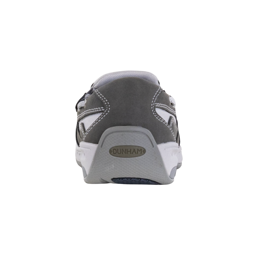 Back heel view of the Dunham Men’s Captain Venetian Boat Shoe in Grey highlighting the supportive heel construction, cushioned collar, hidden stretch gore panels, R-Bar® Stability technology, nylon shank, and durable rubber outsole designed to improve rearfoot stability, absorb shock, and reduce foot fatigue.
