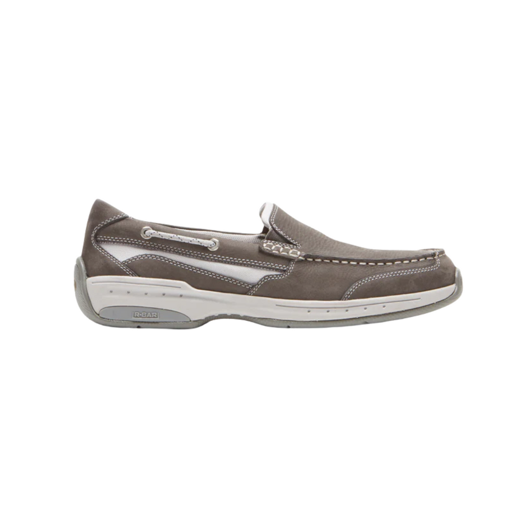 Side view of the Dunham Men’s Captain Venetian Boat Shoe in Grey, showing the premium full-grain leather upper, hand-sewn moc-toe construction, and slip-on Venetian silhouette with hidden stretch gore panels for flexible comfort.