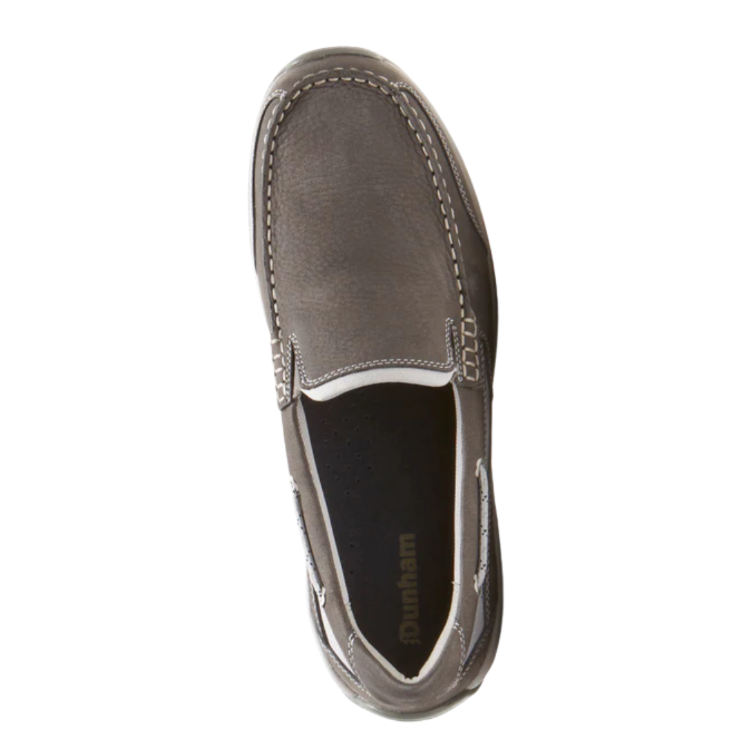 Top view of the Dunham Men’s Captain Venetian Boat Shoe in Grey, showing the slip-on Venetian design, hidden stretch gore panels, and removable EVA and memory foam footbed for cushioned, orthotic-friendly support.