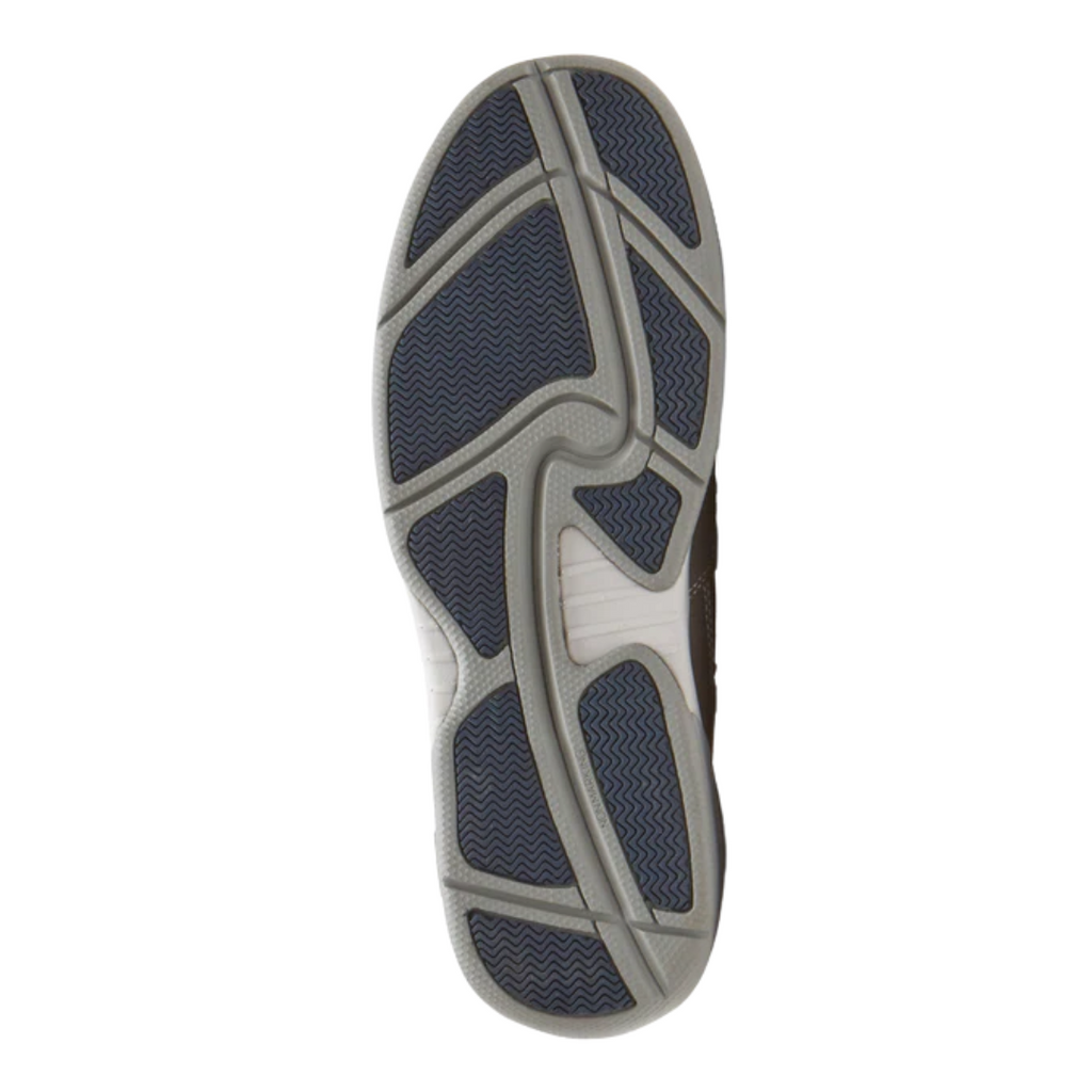Bottom view of the Dunham Men’s Captain Venetian Boat Shoe in Grey, highlighting the slip-resistant, non-marking rubber outsole with siped tread for dependable traction on wet or dry surfaces.