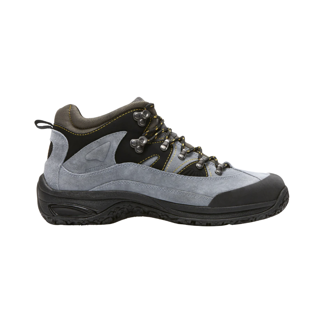 Dunham Men’s Cloud Waterproof Boot in Slate featuring a seam-sealed waterproof leather upper, supportive boot silhouette, Stability R-Bar technology, removable molded footbed, lightweight EVA midsole, nylon shank, padded collar, and slip-resistant rubber outsole designed for dependable all-weather comfort and stability.