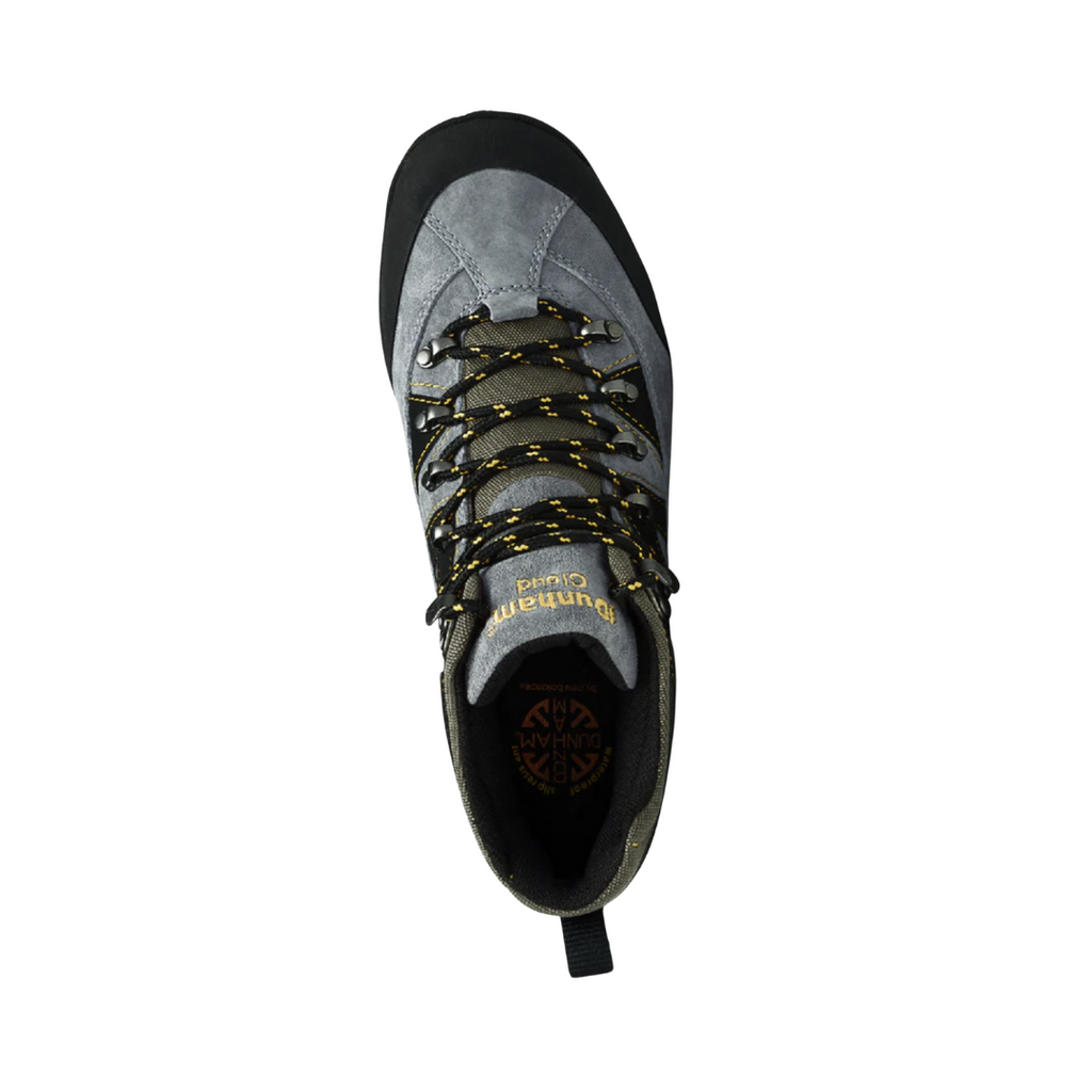 Top view of the Dunham Men’s Cloud Waterproof Boot in Slate displaying the seam-sealed waterproof leather upper, secure lace-up system, padded collar and tongue, removable molded footbed, and generous interior fit designed to provide cushioning, moisture protection, and comfortable support.