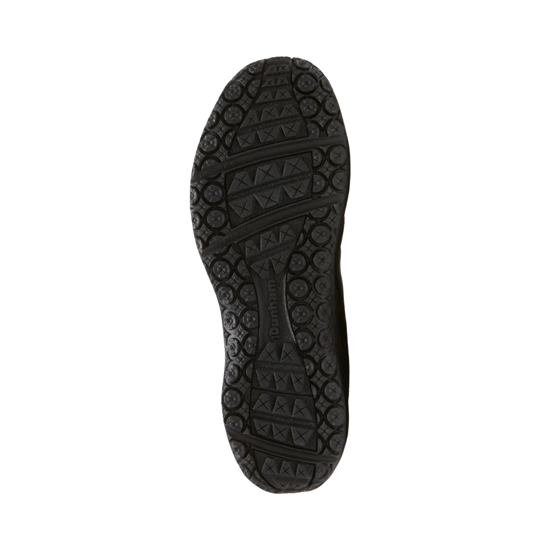 Bottom outsole view of the Dunham Men’s Cloud Waterproof Boot in Slate featuring the slip-resistant rubber outsole engineered to provide reliable traction across varied terrain and surfaces while the Stability R-Bar technology, nylon shank, EVA midsole, and removable footbed help provide comfort for conditions such as plantar fasciitis, heel pain, flat feet, overpronation, arthritis, joint pain, bunions, diabetic-sensitive feet, and general foot fatigue.