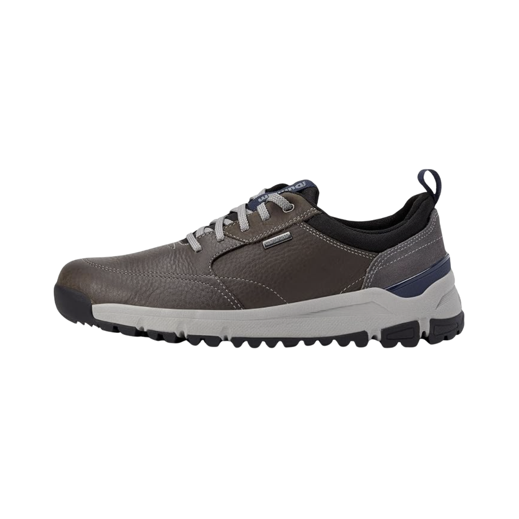 Dunham Men’s Glastonbury Ubal II in Steel Grey featuring a waterproof nubuck leather upper, sneaker-inspired casual silhouette, seam-sealed waterproof construction, removable EVA and memory foam footbed, nylon stability shank, padded collar and tongue, and slip-resistant rubber outsole designed for dependable support and all-weather comfort.
