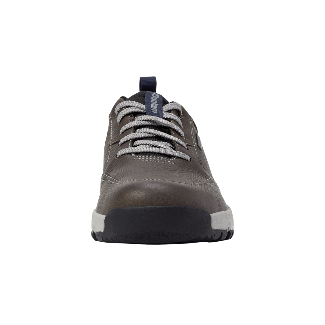 Front view of the Dunham Men’s Glastonbury Ubal II in Steel Grey showcasing the waterproof nubuck leather upper, secure lace-up closure, roomy toe area, padded tongue, and streamlined sneaker-inspired design engineered for comfortable everyday walking and outdoor activities.