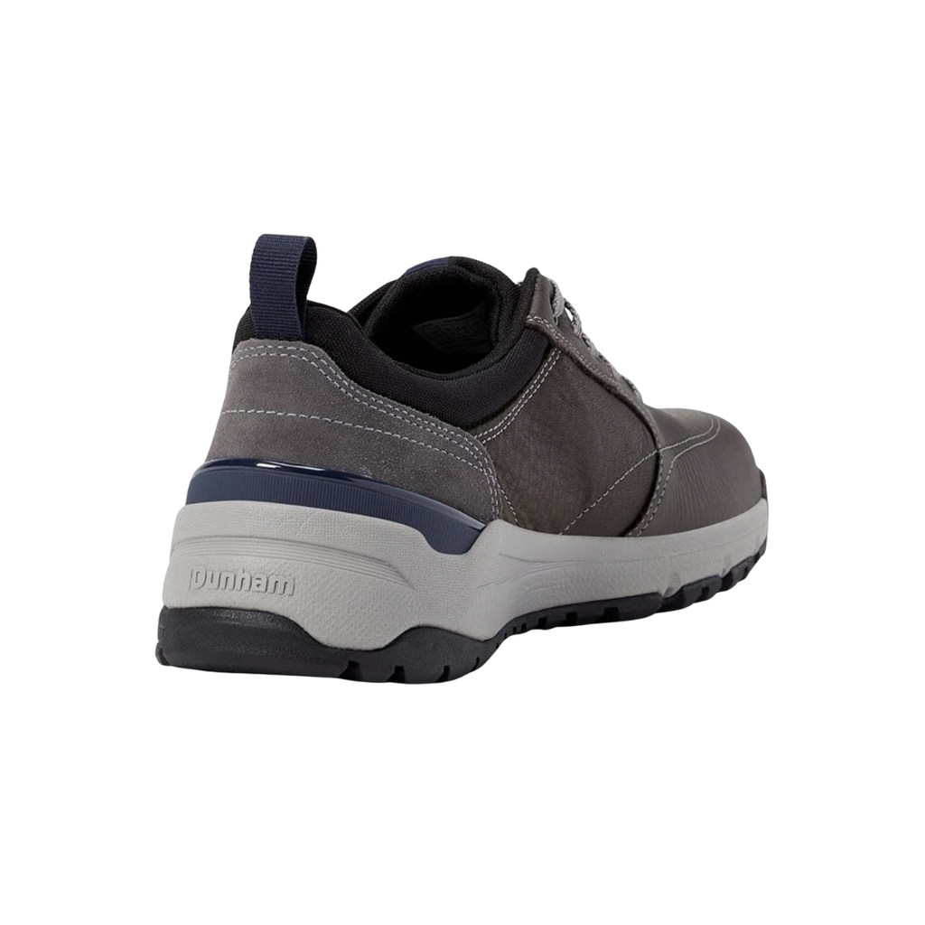 Back heel view of the Dunham Men’s Glastonbury Ubal II in Steel Grey highlighting the padded collar, supportive heel construction, nylon stability shank, cushioned EVA midsole, and durable rubber outsole designed to enhance midfoot stability, improve alignment, and reduce foot fatigue.