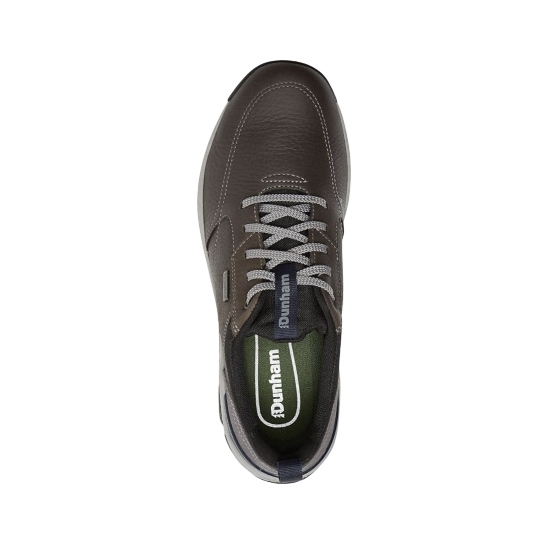 Top view of the Dunham Men’s Glastonbury Ubal II in Steel Grey displaying the waterproof nubuck leather upper, secure lace-up system, padded collar and tongue, removable EVA and memory foam footbed, and orthotic-friendly construction designed to provide cushioning, moisture protection, and a comfortable personalized fit.