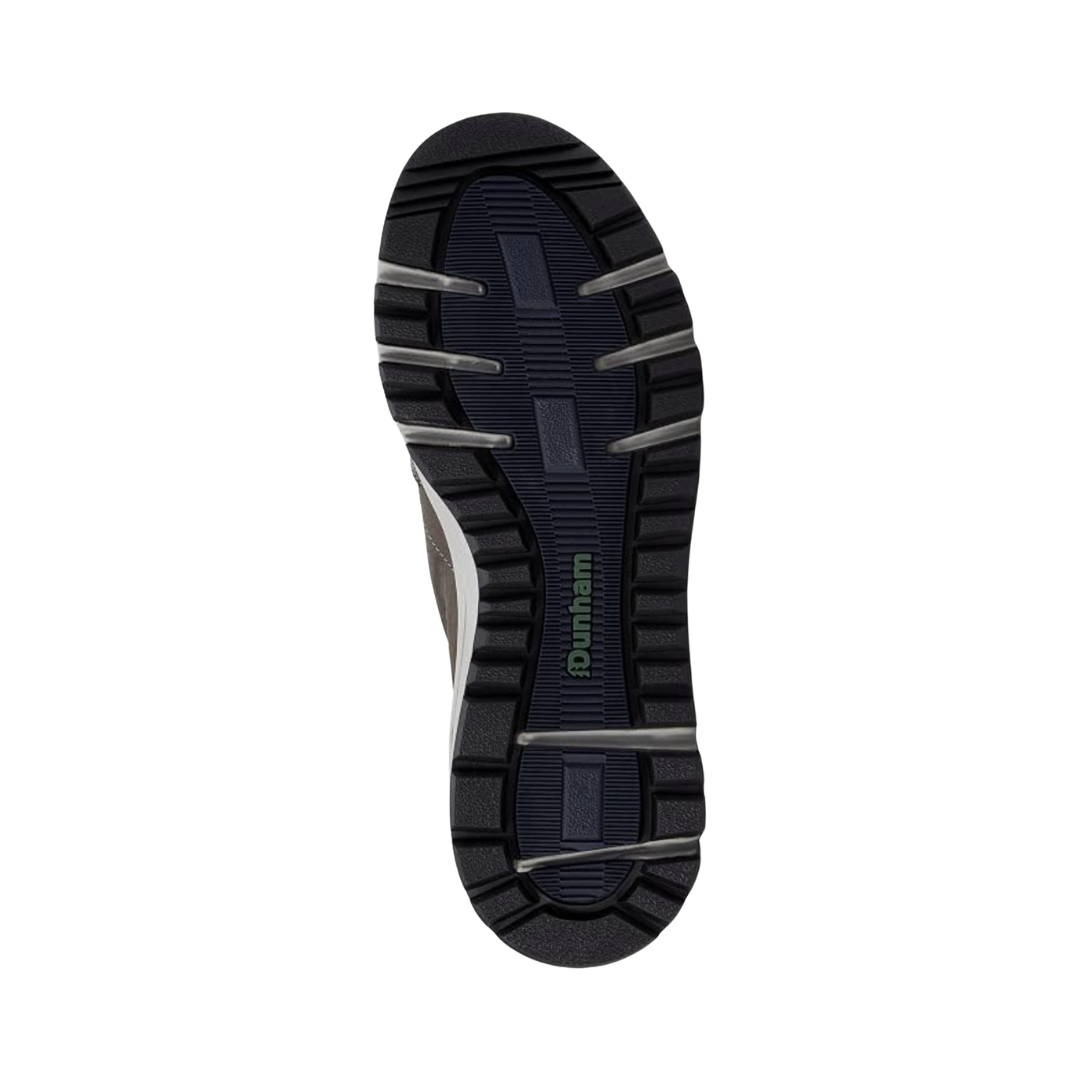 Bottom outsole view of the Dunham Men’s Glastonbury Ubal II in Steel Grey featuring the slip-resistant rubber outsole engineered to provide reliable traction across a variety of surfaces while the nylon stability shank, cushioned footbed, and supportive construction help provide comfort for conditions such as plantar fasciitis, heel pain, flat feet, overpronation, bunions, arthritis, joint pain, diabetic-sensitive feet, and general foot fatigue.