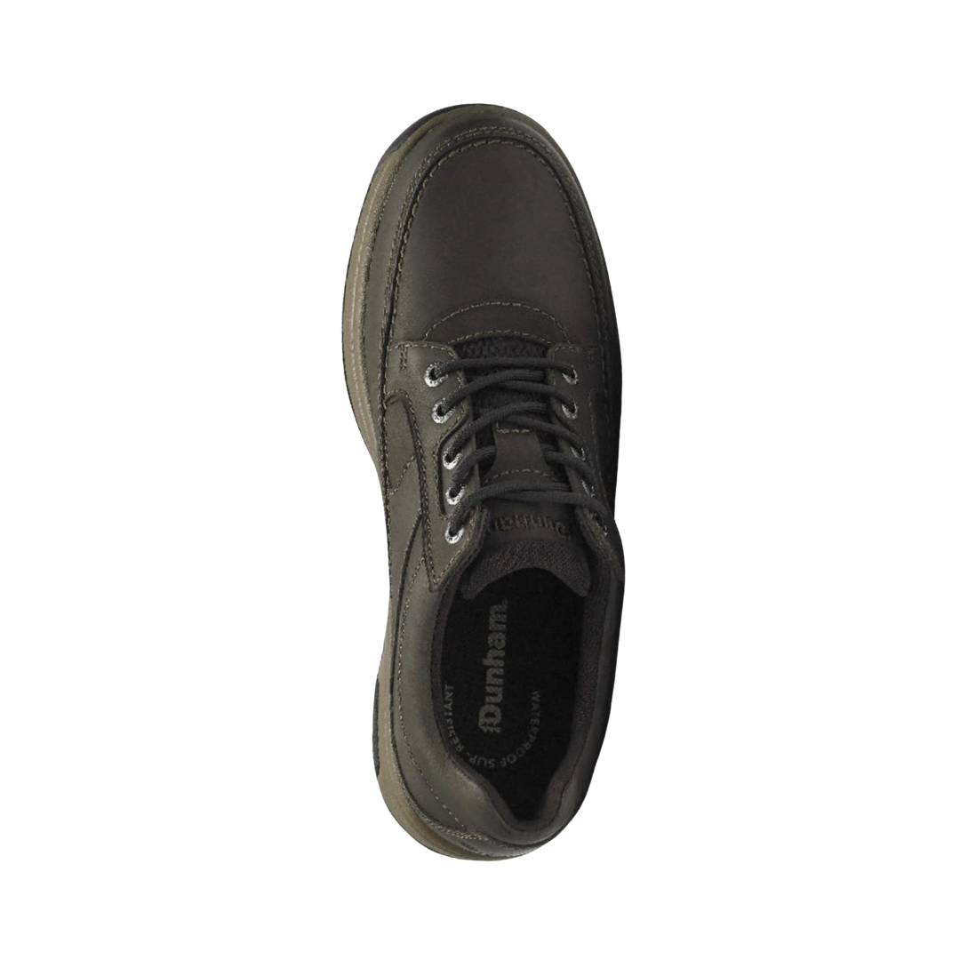 Top view of the Dunham Men’s Midland Waterproof Oxford in Brown Nubuck displaying the waterproof nubuck leather upper, secure lace-up system, removable EVA and memory foam footbed, supportive interior construction, and orthotic-friendly design engineered to provide cushioning, moisture protection, and a personalized fit.