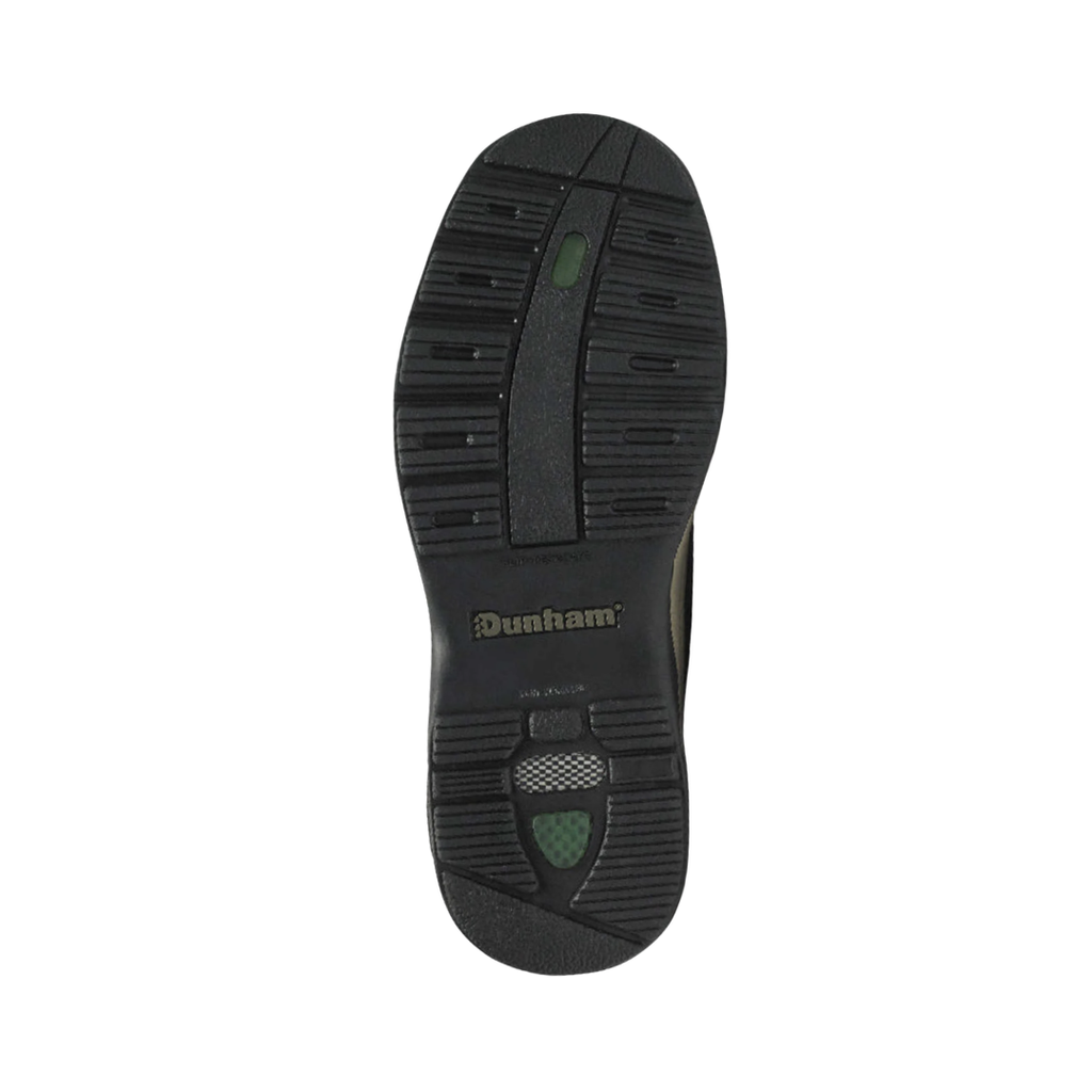 Bottom outsole view of the Dunham Men’s Midland Waterproof Oxford in Brown Nubuck featuring the slip-resistant rubber outsole engineered to provide reliable traction on wet and dry surfaces while the R-Bar® Stability Technology, nylon shank, EVA midsole, and cushioned footbed help provide comfort for conditions such as plantar fasciitis, flat feet, overpronation, arthritis, joint pain, diabetic-sensitive feet, bunions, heel spurs, and general foot fatigue.