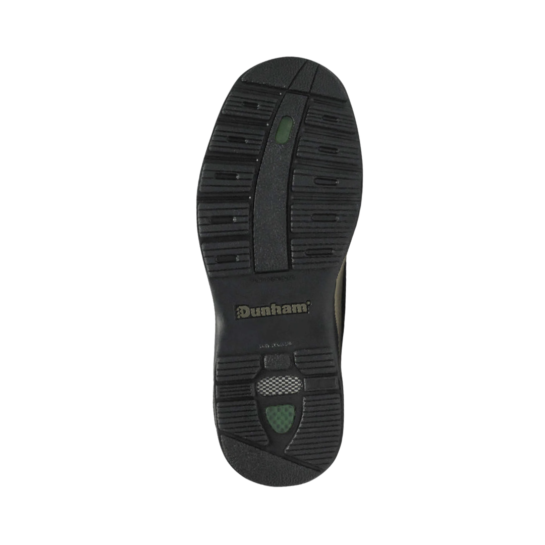 Bottom outsole view of the Dunham Men’s Midland Waterproof Oxford in Brown Nubuck featuring the slip-resistant rubber outsole engineered to provide reliable traction on wet and dry surfaces while the R-Bar® Stability Technology, nylon shank, EVA midsole, and cushioned footbed help provide comfort for conditions such as plantar fasciitis, flat feet, overpronation, arthritis, joint pain, diabetic-sensitive feet, bunions, heel spurs, and general foot fatigue.