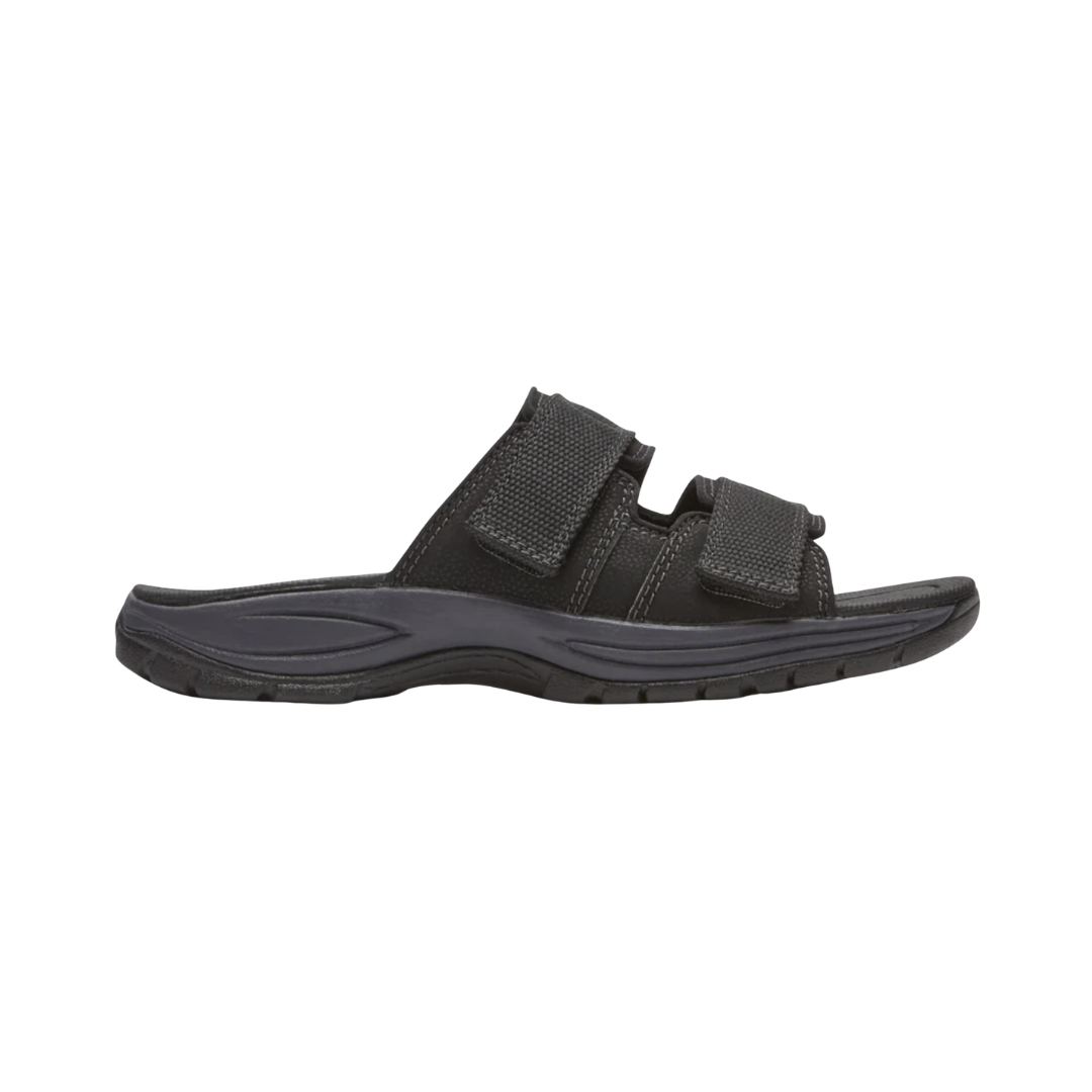 Dunham Men’s Newport Waterproof Slide in Black featuring a waterproof full-grain leather upper, easy slip-on design, lightweight EVA midsole, nylon shank for stability, and slip-resistant rubber outsole designed for convenient all-weather comfort and dependable support.