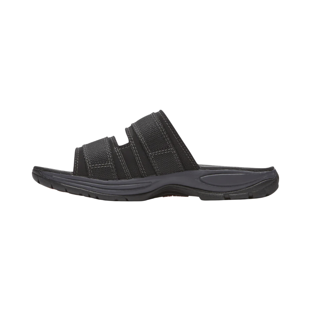 Dunham Men’s Newport Waterproof Slide in Black featuring a waterproof full-grain leather upper, easy slip-on design, lightweight EVA midsole, nylon shank for stability, and slip-resistant rubber outsole designed for convenient all-weather comfort and dependable support.