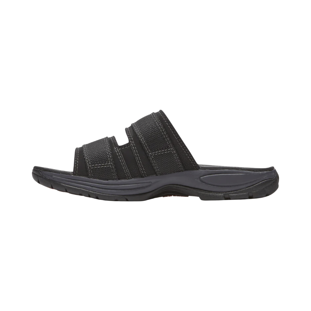 Dunham Men’s Newport Waterproof Slide in Black featuring a waterproof full-grain leather upper, easy slip-on design, lightweight EVA midsole, nylon shank for stability, and slip-resistant rubber outsole designed for convenient all-weather comfort and dependable support.