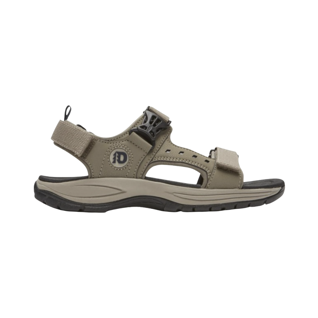Dunham Men’s Nolan Waterproof Open Toe Sandal in Taupe featuring a waterproof leather and mesh upper, open-toe design, seam-sealed waterproof construction, adjustable hook-and-loop straps, nylon stability shank, shock-absorbing EVA midsole, and slip-resistant rubber outsole designed for breathable, all-day comfort and outdoor performance.