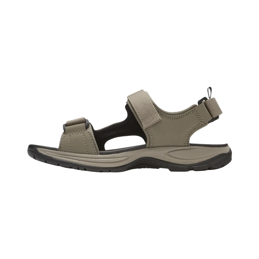 Dunham Men’s Nolan Waterproof Open Toe Sandal in Taupe featuring a waterproof leather and mesh upper, open-toe design, seam-sealed waterproof construction, adjustable hook-and-loop straps, nylon stability shank, shock-absorbing EVA midsole, and slip-resistant rubber outsole designed for breathable, all-day comfort and outdoor performance.