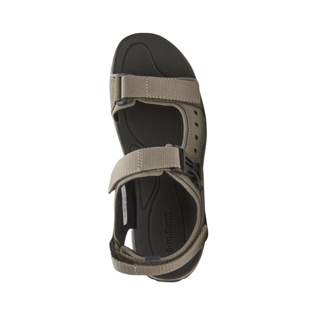Top view of the Dunham Men’s Nolan Waterproof Open Toe Sandal in Taupe displaying the waterproof leather and mesh upper, open-toe design, adjustable hook-and-loop straps, spacious footbed, and supportive construction designed to provide breathability, moisture protection, and a secure personalized fit.