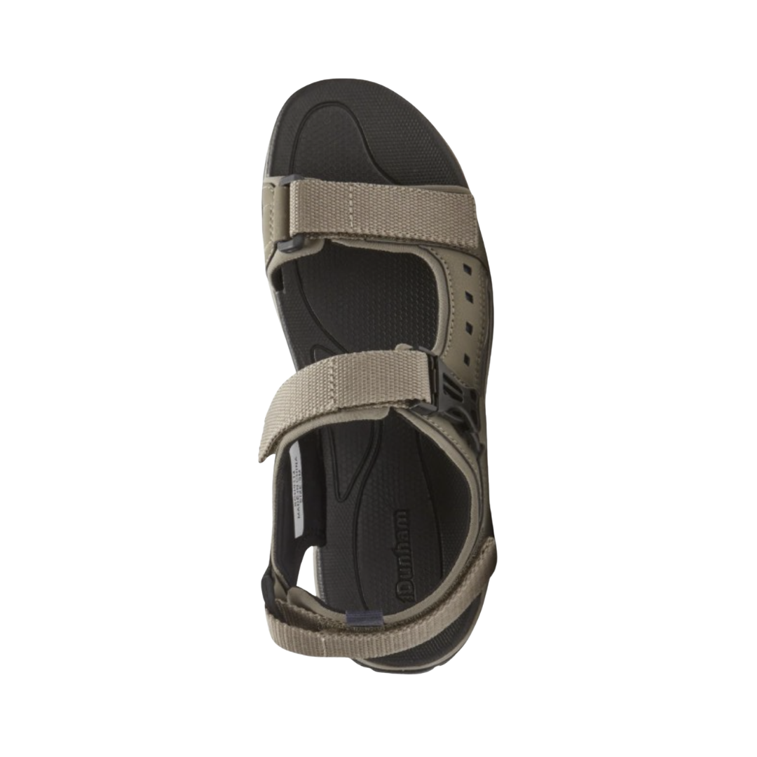 Top view of the Dunham Men’s Nolan Waterproof Open Toe Sandal in Taupe displaying the waterproof leather and mesh upper, open-toe design, adjustable hook-and-loop straps, spacious footbed, and supportive construction designed to provide breathability, moisture protection, and a secure personalized fit.