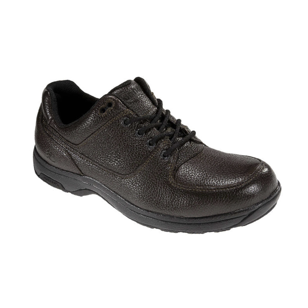 Dunham Men’s Windsor Oxford in Dark Brown featuring a full-grain leather upper, classic dress shoe silhouette, secure lace-up design, removable EVA and memory foam footbed, R-Bar® Stability Technology, nylon shank, lightweight EVA midsole, and slip-resistant rubber outsole designed to combine polished style with supportive all-day comfort.