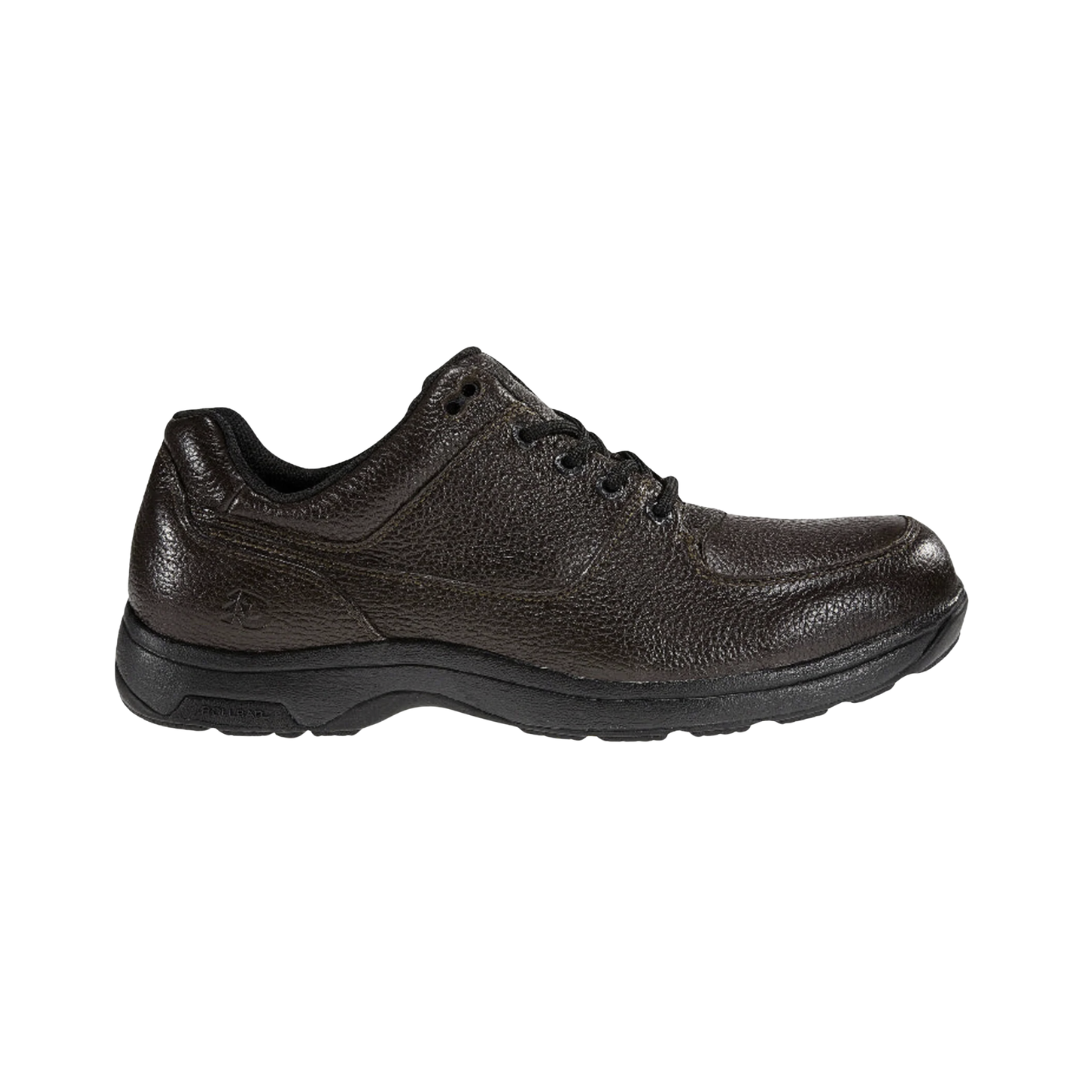 Dunham Men’s Windsor Oxford in Dark Brown featuring a full-grain leather upper, classic dress shoe silhouette, secure lace-up design, removable EVA and memory foam footbed, R-Bar® Stability Technology, nylon shank, lightweight EVA midsole, and slip-resistant rubber outsole designed to combine polished style with supportive all-day comfort.