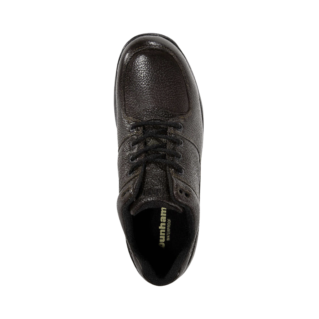 Top view of the Dunham Men’s Windsor Oxford in Dark Brown displaying the full-grain leather upper, secure lace-up system, removable EVA and memory foam footbed, supportive interior construction, and orthotic-friendly design engineered to provide cushioning, stability, and a personalized fit.