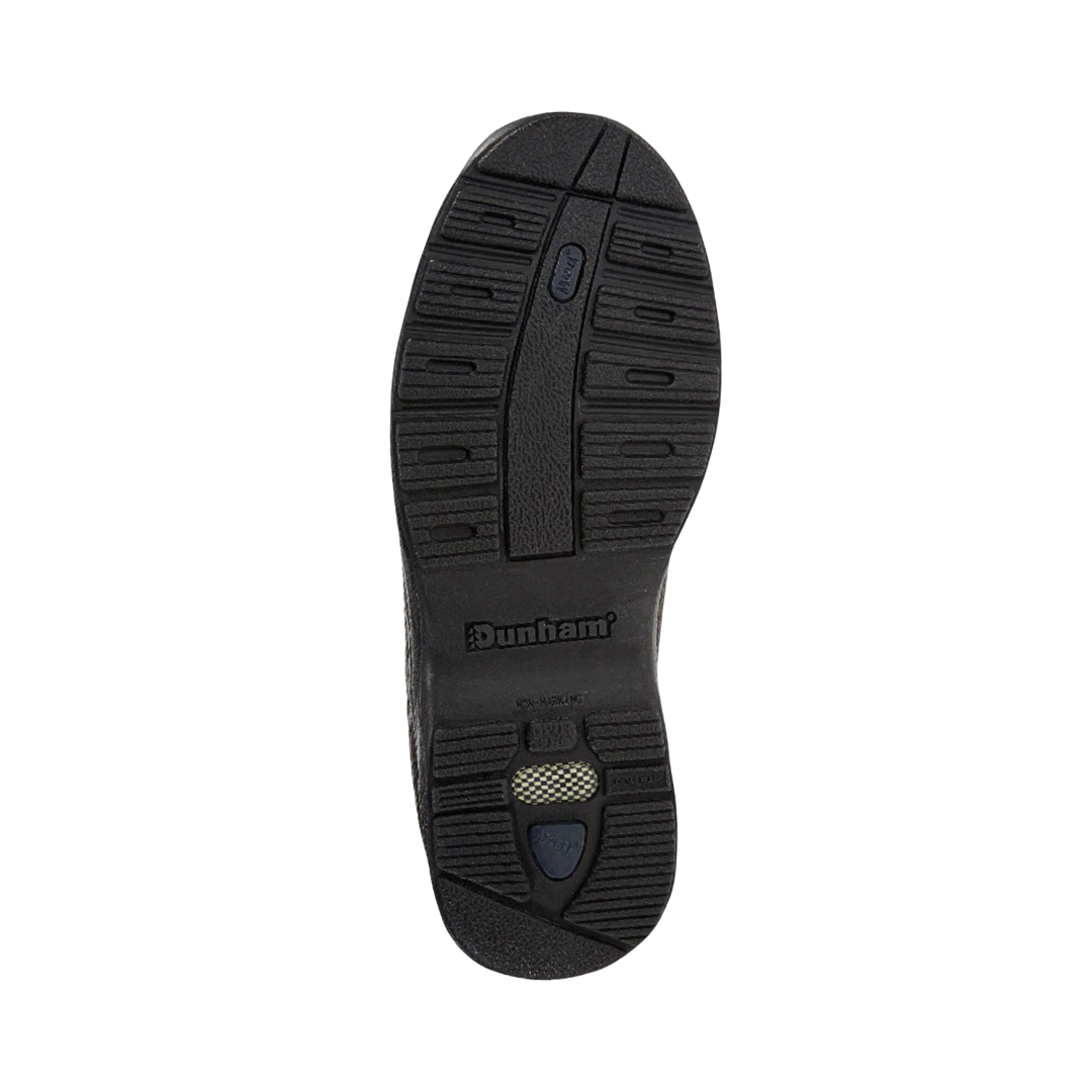 Bottom outsole view of the Dunham Men’s Windsor Oxford in Dark Brown featuring the slip-resistant rubber outsole engineered to provide dependable traction across a variety of surfaces while the R-Bar® Stability Technology, nylon shank, EVA midsole, and cushioned footbed help provide comfort for conditions such as plantar fasciitis, heel pain, flat feet, overpronation, bunions, arthritis, joint pain, metatarsalgia, diabetic-sensitive feet, and general foot fatigue.