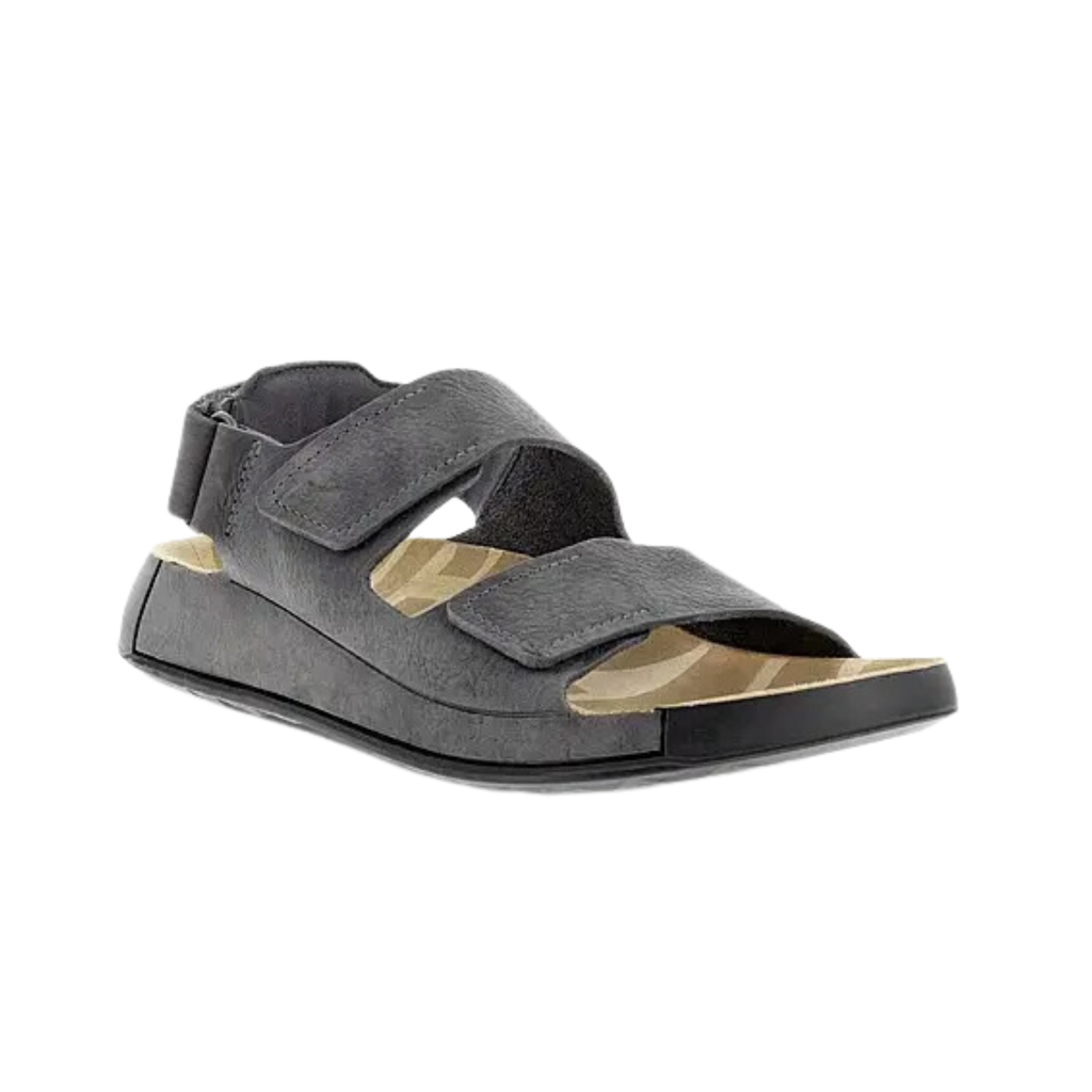 ECCO Men’s Cozmo 2 Leather Sandal in Titanium featuring a premium leather upper, dual adjustable hook-and-loop straps, anatomical footbed, FLUIDFORM™ Direct Comfort Technology, contoured midsole, and lightweight PU outsole designed for supportive, flexible comfort during warm-weather wear.