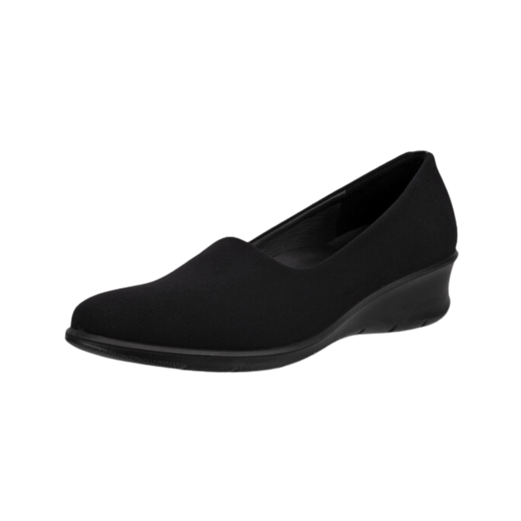 ECCO Women’s Felicia Stretch Slip-On in Black featuring a suede and stretch textile upper, hidden elastic gores, FLUIDFORM™ Direct Comfort Technology, removable orthotic-friendly insole, 1.5-inch wedge heel, and shock-absorbing PU outsole for flexible, supportive everyday comfort.